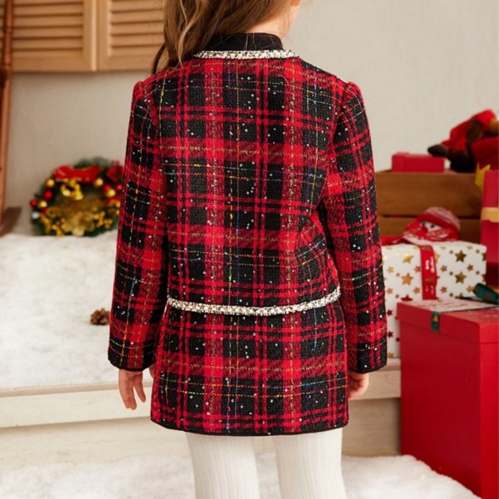 red plaid matching jacket and skirt set with sequin bows festive holiday party - Picture 6 of 7